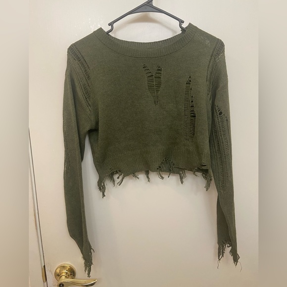 Army Green Tattered Crop Top - Picture 1 of 5